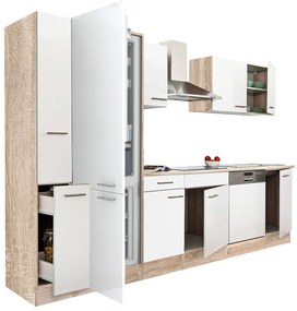Mobilă de bucătărie Yorki 310, corp din stejar sonoma, față alb satinat, frigider cu congelator în partea de jos