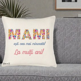 Cadou pentru Mama - Perna Personalizata Mami Esti Cea mai Minunata La Multi Ani cu Litere Florale, 40x40 cm, Crem Reliefat, Husa Detasabila, Perna Inclusa, BEKZ®