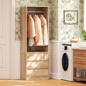 HOMCOM Dulap pentru Haine cu Bară pentru Umerașe, Raft Deschis și 3 Sertare, 60x48.5x185 cm, Maro | Aosom Romania