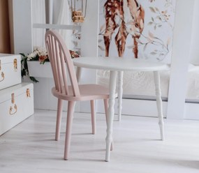 Masa rotunda alba cu scaun copii, spatar curbat, roz