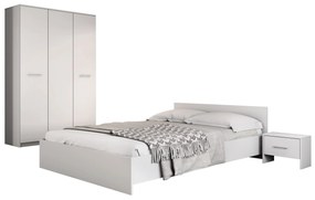 Dormitor Luiza 3U4P, culoare alb, cu pat standard 140 x 200 cm, dulap cu 3 usi si 2 noptiere