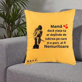 Cadou pentru Mama - Perna Personalizata Mama Nemuritoare Gravura Vintage, 40x40 cm, Galben, Husa Detasabila, Perna Inclusa, BEKZ®