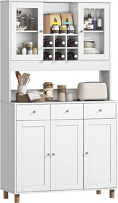 HOMCOM Dulap de bucătărie 180 cm, 2 uși din sticlă, 3 sertare, 4 rafturi reglabile, dulap pentru sufragerie, Spanplatte, Weiß | Aosom Romania