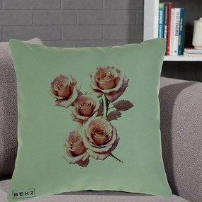 Perna Decorativa Trandafiri Roz Pastel Acuarela, 40x40 cm, Verde, Husa Detasabila, Perna Inclusa, BEKZ®
