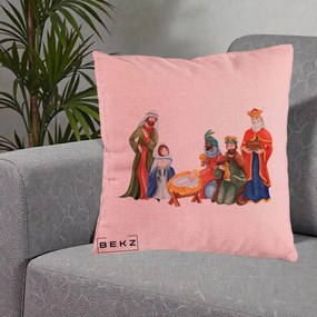 Perna Decorativa Nasterea Domnului Cei Trei Magi Acuarela, 40x40 cm, Roz, Husa Detasabila, Perna Inclusa, BEKZ®