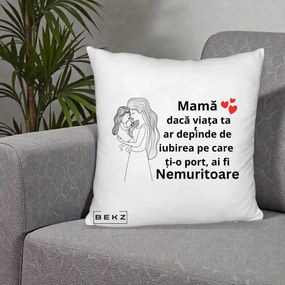 Cadou pentru Mama - Perna Personalizata Mama Nemuritoare cu Copilul in Poala, 40x40 cm, Alb Pufos, Husa Detasabila, Perna Inclusa, BEKZ®