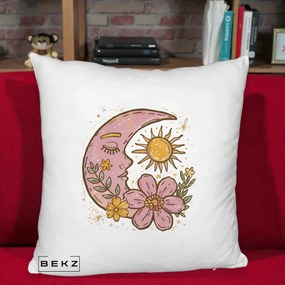 Perna Personalizata Luna si Soare Floral Boho, 40x40 cm, Alb Pufos, Husa Detasabila, Perna Inclusa, BEKZ®