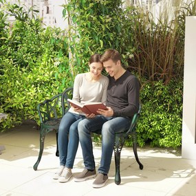 Outsunny Banc de grădină din aluminiu turnat, banc exterior 2 locuri cu spătar lalea, șezut floral, 99x57x78cm, vert antique | Aosom Romania