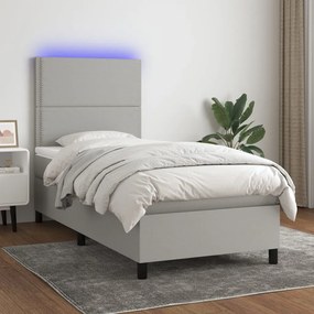 vidaXL Pat cu arcuri, saltea și LED, gri deschis, 90x190 cm, textil