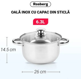 Oala Rosberg R51210O26, 6.3 L, 26x14.5 cm, Capac din sticla, Inox