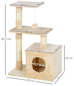 Centru de activitati PawHut cu spatiu pentru zgariat si culcus pentru pisici minge sfoara din sisal plus din lemn bej 50 x 30 x 80cm | Aosom RO