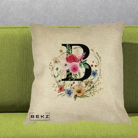 Cadou Personalizat - Perna Personalizata Monogram Litera B cu Flori Acuarela, 40x40 cm, Crem, Husa Detasabila, Perna Inclusa, BEKZ®