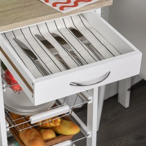HOMCOM Cărucior de servire măsuță cu roți multi-rangements 4 coșuri metal + sertar lemn de pin 37 x 37 x 82 cm alb | Aosom Romania