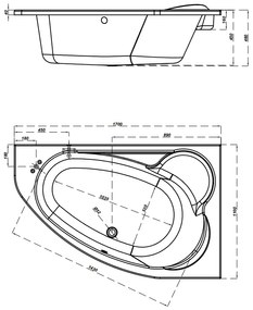 Cada baie pe colt Cersanit Kaliope, 170 x 110 cm, asimetrica, orientare stanga, alba 1700x1100 mm, Stanga