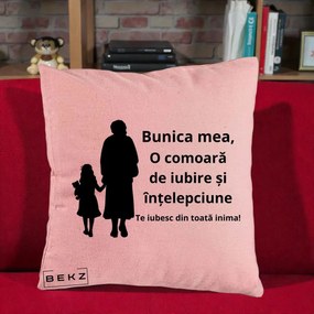 Cadou pentru Bunica - Perna Personalizata Bunica Mea Comoara Iubire Intelepciune Silueta, 40x40 cm, Roz, Husa Detasabila, Perna Inclusa, BEKZ®