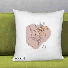 Perna Decorativa Femeie cu Flori Line Art Boho, 40x40 cm, Alb Pufos, Husa Detasabila, Perna Inclusa, BEKZ®