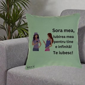 Cadou pentru Sora - Perna Personalizata Sora Mea Te Iubesc Doua Fete cu Telefoane, 40x40 cm, Verde, Husa Detasabila, Perna Inclusa, BEKZ®