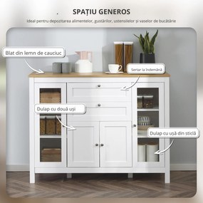 HOMCOM Comodă de Bucătărie, Mobilier de Bucătărie cu 2 Sertare, 3 Dulapuri, Blat de Lucru din Caucciuc, Bufet cu Uși din Sticlă, Rafturi Ajustabile, pentru Sufragerie, 120x40x90cm, Alb | Aosom Romania