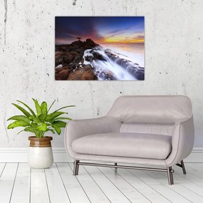 Tablou pe sticlă cu munți în ceață (70x50 cm)