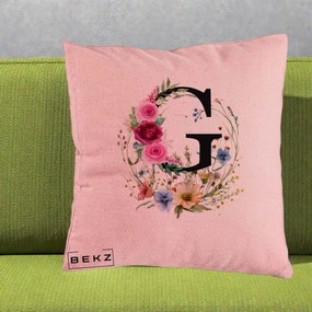 Cadou Personalizat - Perna Personalizata Monogram Litera G cu Flori Acuarela, 40x40 cm, Roz, Husa Detasabila, Perna Inclusa, BEKZ®