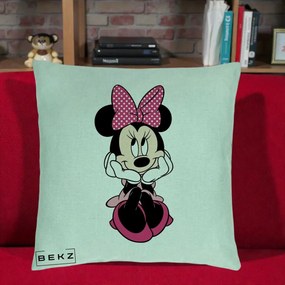 Perna Personalizata Minnie Mouse cu Fundita, 40x40 cm, Verde Menta, Husa Detasabila, Perna Inclusa, BEKZ®