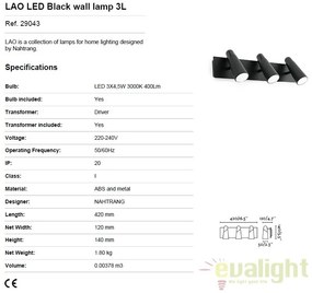 Aplica perete LED moderna cu 3 spoturi LAO neagra 29043