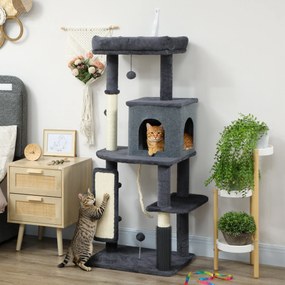 PawHut Ansamblu Multinivel pentru Pisici, 132 cm, cu Căsuță, Culcuș, Stâlpi de Zgâriat, Perie și Minge, Gri Închis | Aosom Romania