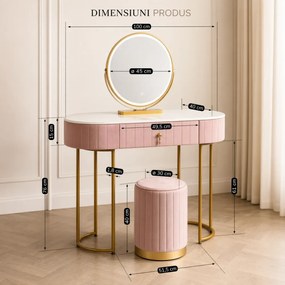 Set ASHLEY, Masă de toaletă pentru machiaj cu oglindă iluminată LED, control touch, sertar, taburet, 100x40x76 cm, Roz/Auriu