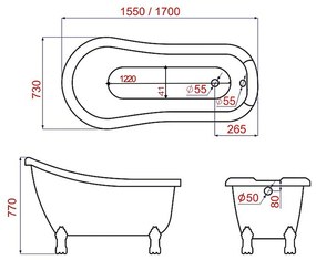 Cada baie freestanding cu picioare crom 155 x 73 cm, Florida, Venus 1550x730 mm