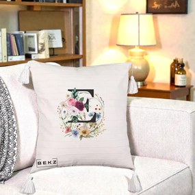Cadou Personalizat - Perna Personalizata Monogram Litera E cu Flori Acuarela, 40x40 cm, Bej cu Franjuri, Husa Detasabila, Perna Inclusa, BEKZ®