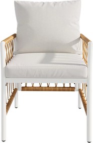 Set modern de mobilier de grădină, 7 piese, cadru alb din fier cu cotiere împletite, 1 masă+6 scaune, Bej+Culoare naturală