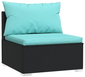 Set mobilier de gradina cu perne, 6 piese, negru, poliratan negru si albastru acvatic, 2x colt + 2x mijloc + suport pentru picioare + masa, 1