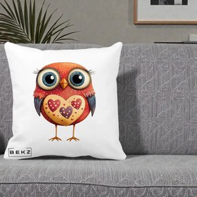 Perna Decorativa Bufnita Rosie cu Inimi Aurii, 40x40 cm, Alba Mata, Husa Detasabila, Perna Inclusa, BEKZ®