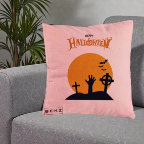 Perna Decorativa Happy Halloween Cimitir cu Luna, 40x40 cm, Roz, Husa Detasabila, Perna Inclusa, BEKZ®