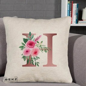 Cadou Personalizat - Perna Personalizata Monograma Rose Gold Litera H, 40x40 cm, Bej Canapea, Husa Detasabila, Perna Inclusa, BEKZ®