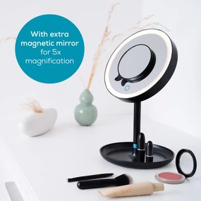 Oglinda cosmetica cu LED Beurer BS 45, 17.5 cm, Normal/Marire 5x, Senzor tactil, Functie intunecare, Negru