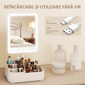 HOMCOM Oglindă Machiaj cu LED-uri, Oglindă Vanity Reîncărcabilă cu Ecran Touch, 2 Moduri de Iluminare și Rotire 180°, Alb | Aosom Romania