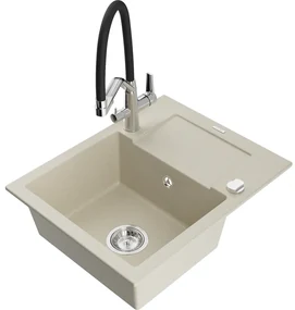 Mexen Enzo chiuvetă de granit cu un compartiment, cu picurător și baterie de bucătărie Duo, Bej - 6506-69-671701-07