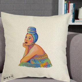 Perna Decorativa Portret Femeie Contemplativa, 40x40 cm, Ecru, Husa Detasabila, Perna Inclusa, BEKZ®