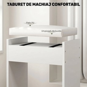 HOMCOM Set Masă de Toaletă cu Oglindă și 5 Sertare și Taburet de Machiaj Tapițat, 97,2x44,5x136,5 cm, Alb | Aosom Romania