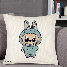 Perna Personalizata Labubu Albastru-Gri Solo, 40x40 cm, Crem Reliefat, Husa Detasabila, Perna Inclusa, BEKZ®