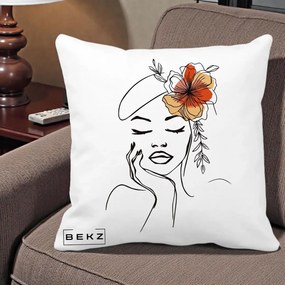 Perna Decorativa Portret Feminin Flori Palarie, 40x40 cm, Alba Mata, Husa Detasabila, Perna Inclusa, BEKZ®