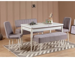 Masă de sufragerie extensibilă cu 2 scaune și 2 bănci Vlasta (alb + gri). 1073085