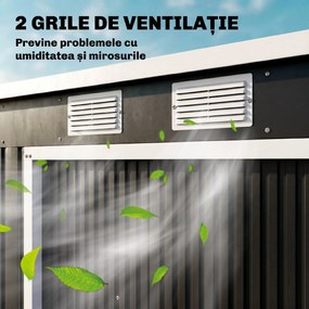 Outsunny Adăpost de Grădină Metalic în Alipire cu Kit de Fundație, Ușă Dublă, Ventilații și Acoperiș Înclinat, Gri | Aosom Romania