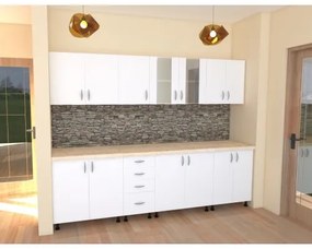 Bucatarie Alfa 2.6 metri PAL alb cu blat Travertin