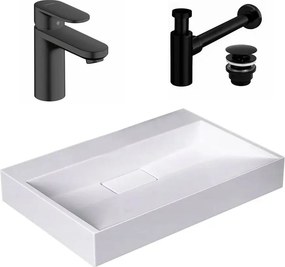 Pachet lavoar pe blat Rea Goya alb 60 cm, baterie lavoar Hansgrohe Vernis Blend 100 negru si ventil lavoar Click-Clack negru