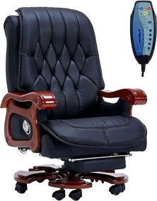 Regal Relax – Scaun directorial din Piele Naturală si Lemn Masiv, Masaj in 7 puncte, Funcție Încălzire, Înclinare 160°, Suport Picioare Extensibil, Sezut cu Arcuri, Telecomandă, Negru