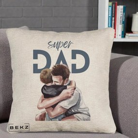 Cadou pentru Tata - Perna Personalizata Super Dad Tata si Fiu Imbratisare, 40x40 cm, Bej Canapea, Husa Detasabila, Perna Inclusa, BEKZ®