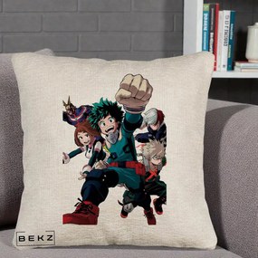 Perna Personalizata My Hero Academia Izuku Deku si Echipa, 40x40 cm, Bej Canapea, Husa Detasabila, Perna Inclusa, BEKZ®