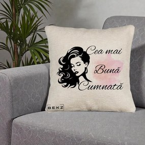 Cadou pentru Cumnata - Perna Personalizata Cea mai Buna Cumnata cu Silueta Dama si Pete Roz, 40x40 cm, Bej Canapea, Husa Detasabila, Perna Inclusa, BEKZ®